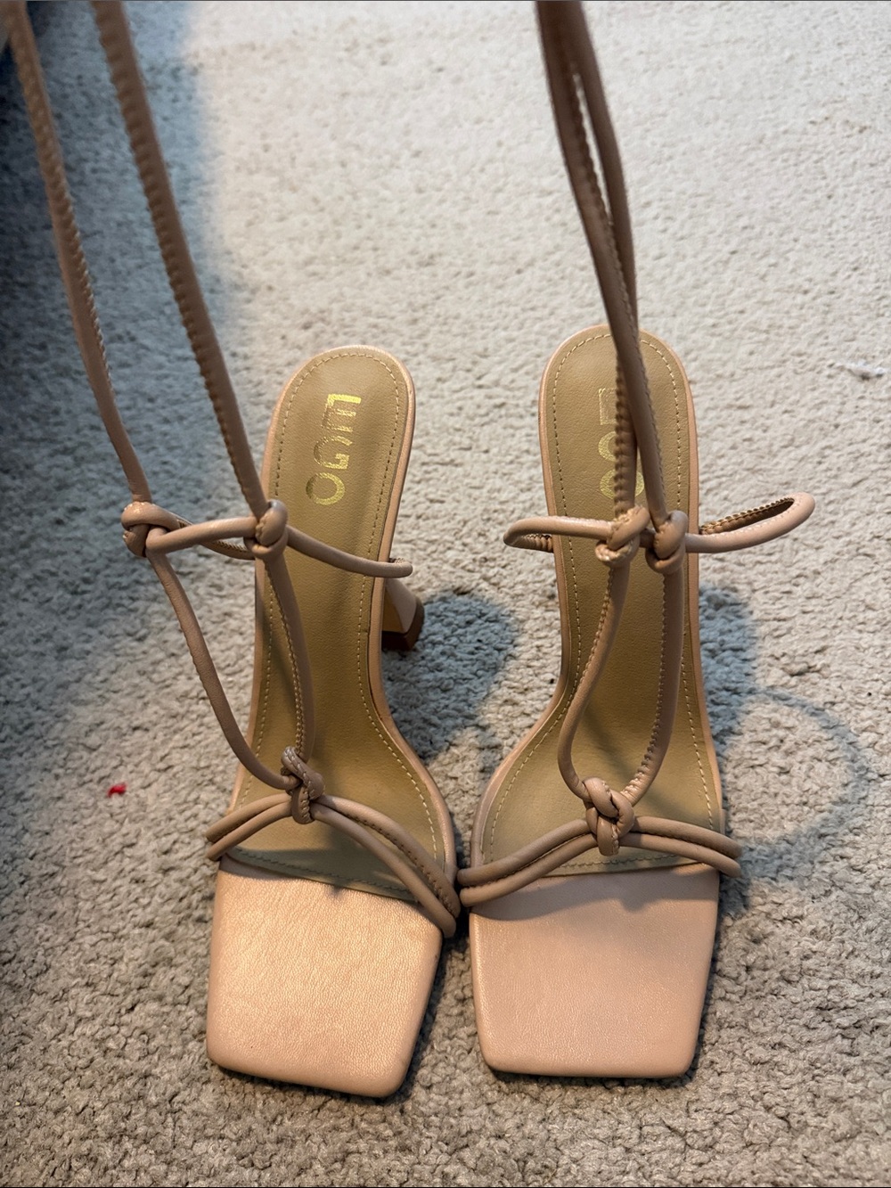 EGO Beige/Nude Strappy Square-Toe Heels with Wrap Ties